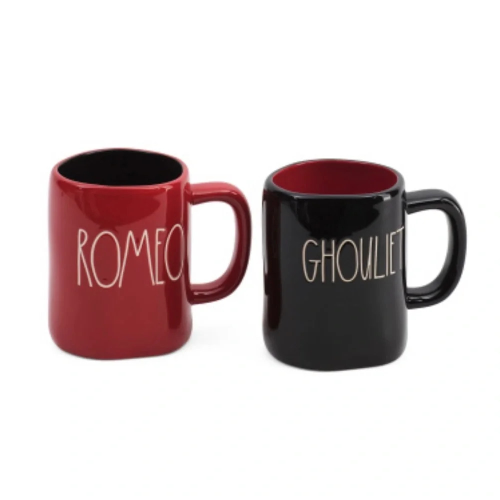 Rae Dunn “Romeo and Ghoulet” Halloween Mugs Set of 2 Black & Red His & Hers New